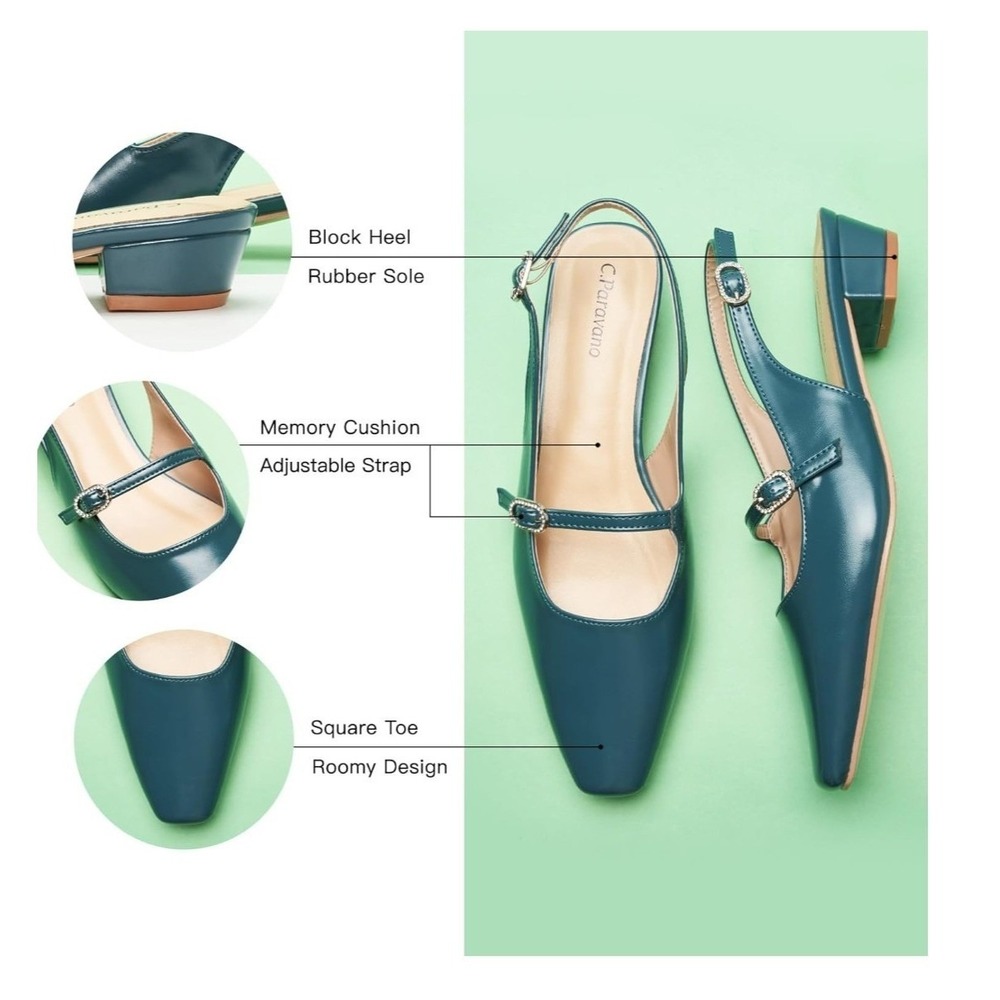 C.Paravano Teal Leather Slingback Mary Jane Block Heel Pumps Womens Size 8 NEW - Picture 5 of 12